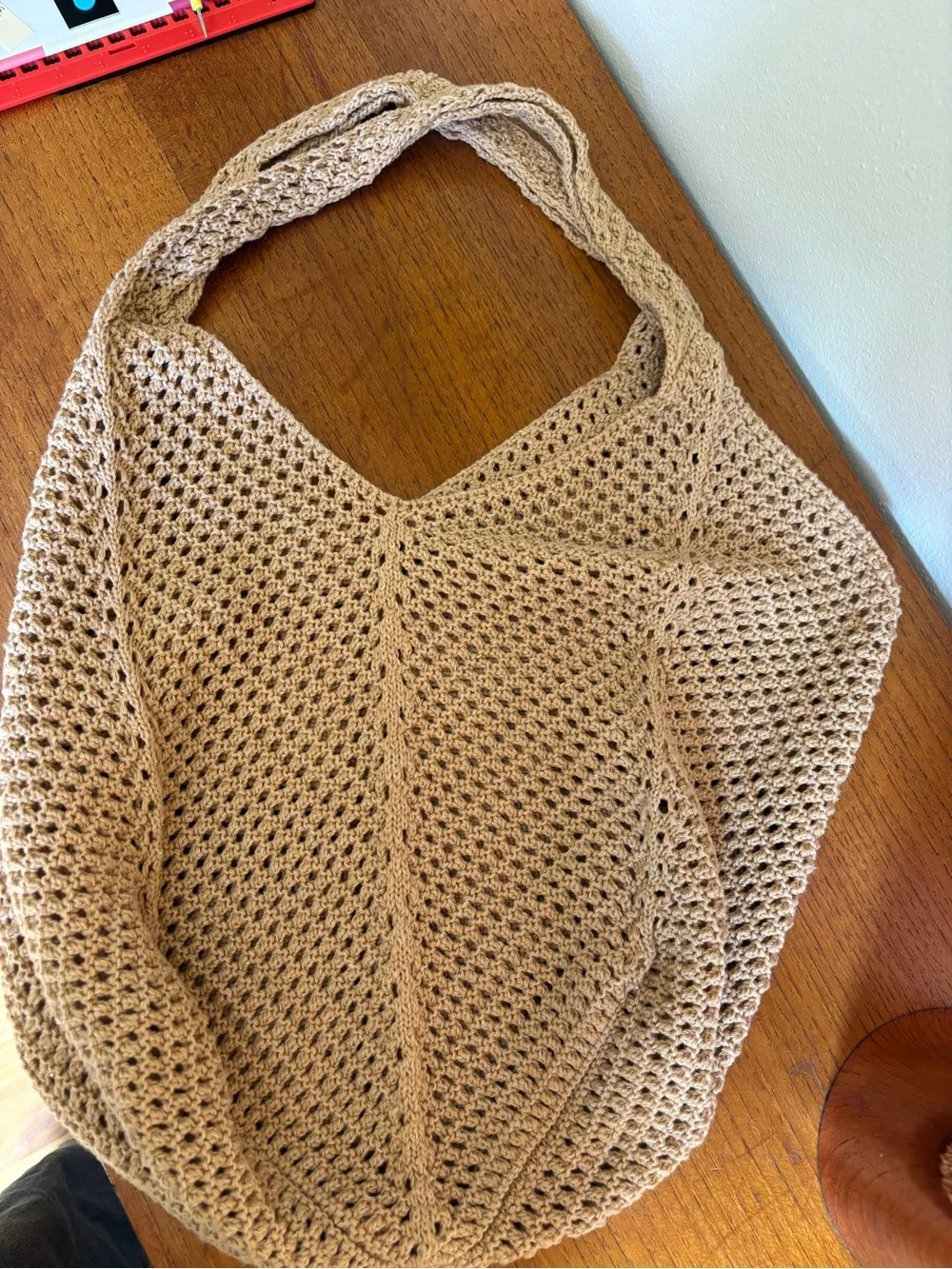 Handknit boho market bag with circular bottom